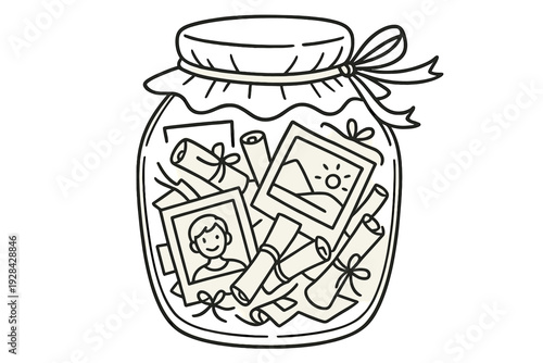 A black and white line art illustration of a glass jar filled with various memories including rolled scrolls, photographs of a person and a landscape, and small notes tied with ribbons.