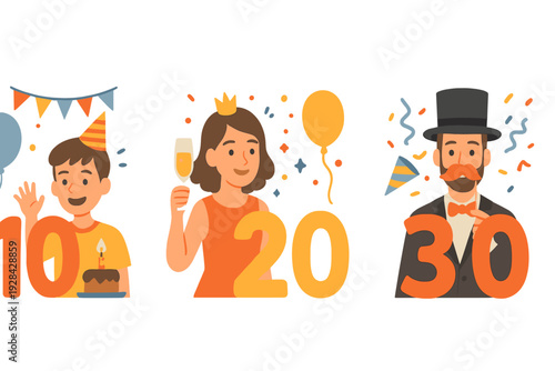 A flat illustration showing three people celebrating their tenth, twentieth, and thirtieth birthdays with party hats, balloons, cake, and champagne against a black background.