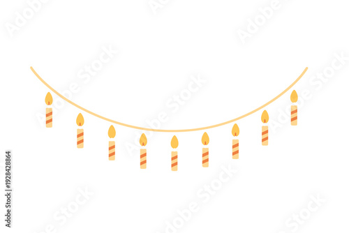 A minimalist illustration of nine lit candles hanging from a curved yellow string against a solid black background. The candles feature orange stripes and glowing yellow flames.
