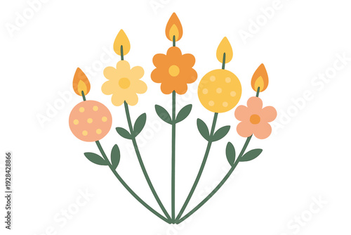 A stylized illustration of five floral candles with green stems and leaves against a black background. Each candle head is a different flower or circle shape with a burning flame.