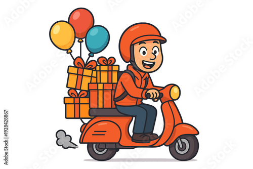 A cartoon delivery man wearing an orange helmet rides a matching scooter while carrying several gift boxes and colorful balloons on the back, isolated on a black background.
