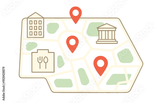 This flat design map graphic shows various city landmarks including a restaurant, a museum, and residential buildings marked with red location pins and green spaces.