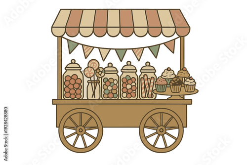A vintage-style wooden candy cart illustration featuring glass jars filled with colorful sweets, lollipops, and cupcakes under a striped awning with decorative bunting flags.