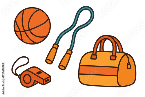 A collection of sports equipment illustrations including an orange basketball, a blue jump rope, a whistle, and a yellow gym bag, all set against a solid black background.