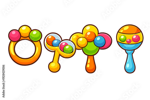 Four vibrant baby rattles and teething rings in various shapes and bright colors are displayed against a solid black background. The glossy cartoon style highlights the playful design.