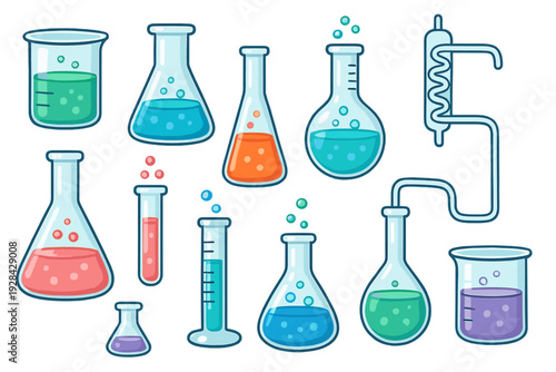 A collection of various laboratory glassware including beakers, flasks, and test tubes filled with colorful liquids and bubbles, presented in a cartoon style on a black background.