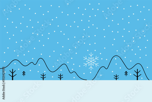 Serene winter landscape with snowflakes and mountains