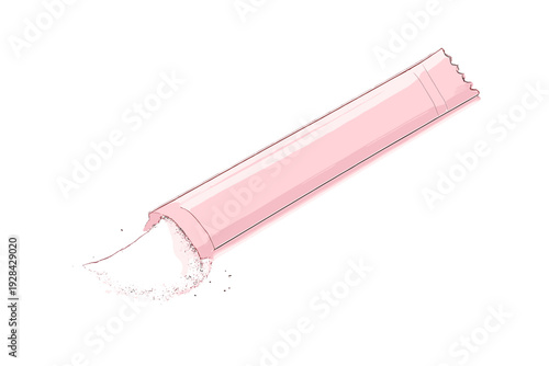 An open pink sachet stick pack spills white powder against a solid black background. This studio shot highlights the packaging design and the fine texture of the granulated contents.
