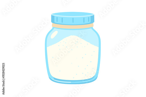 A digital illustration of a transparent glass jar filled with white granulated sugar or salt. The container features a light blue lid and sits against a solid black background.