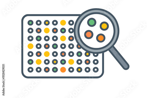 A flat illustration of a magnifying glass inspecting a grid of colored dots on a dark background, representing data analysis, scientific research, or pattern recognition.
