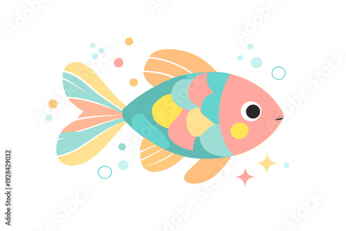 This vibrant illustration depicts a stylized fish with multicolored scales and fins. Surrounded by bubbles and sparkles, the cute aquatic creature stands out on a black backdrop.
