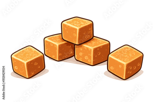 Five stylized orange cubes with a porous texture are shown in a group, with three stacked in the middle and two on the sides. The image features a clean digital art style.