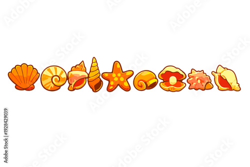 A collection of nine stylized golden and orange sea shells and a starfish arranged in a horizontal row against a solid black background. The set includes various shell types and a pearl.