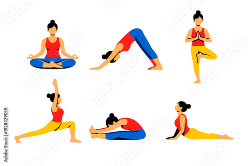 Six minimalist flat vector illustrations of a woman practicing different yoga positions like cobra and warrior pose, displayed on a black background for fitness and wellness.