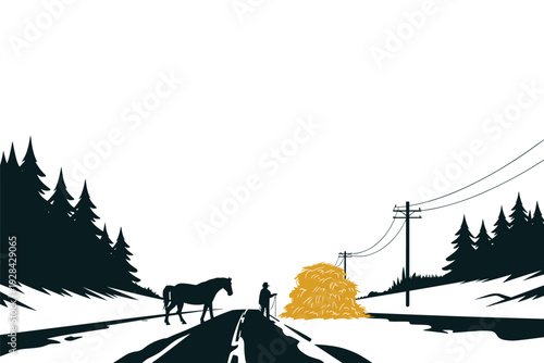 Rustic countryside scene with horse and haystack on rural road with copy space