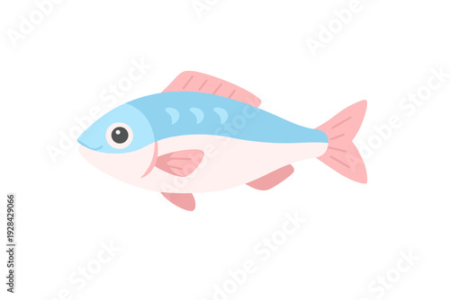 A cute cartoon fish illustration featuring a light blue upper body and a pale pink lower body with pink fins. The fish has a large eye and is set against a solid black background.