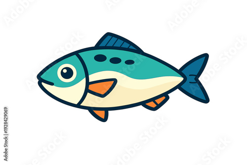 A stylized cartoon fish illustration featuring a teal upper body, cream belly, and orange fins. The fish has a large eye and dark spots, set against a solid black background.