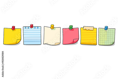 Six colorful paper notes including lined, grid, and plain styles are attached with push pins and tape to a black background. This illustration features vibrant office supplies.