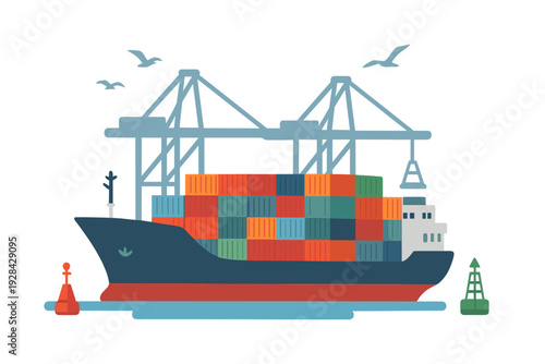 A flat vector illustration shows a massive container ship docked at a harbor, featuring colorful cargo, industrial cranes, seagulls, and navigational buoys on the water.