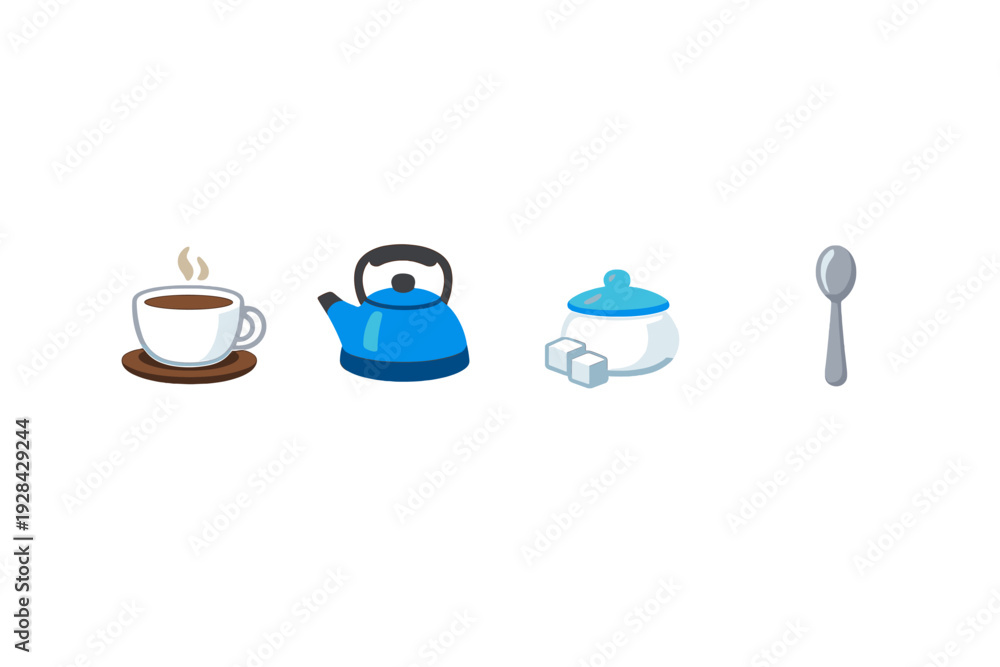 Obraz premium A row of four illustrated icons featuring a steaming white cup of coffee on a saucer, a blue kettle, a white sugar bowl with sugar cubes, and a silver spoon against a black background.