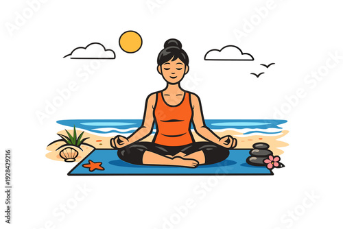 A cartoon illustration of a woman practicing yoga in a lotus pose on a blue mat at the beach. The scene includes the sun, clouds, ocean waves, starfish, and stacked zen stones.