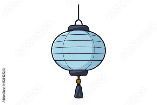 A light blue round paper lantern with dark blue caps and a hanging tassel is centered against a plain black background. The illustration features a clean cartoon style with lines.