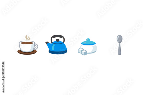 A row of four illustrated icons featuring a steaming white cup of coffee on a saucer, a blue kettle, a white sugar bowl with sugar cubes, and a silver spoon against a black background.