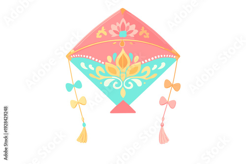 This vector illustration shows a colorful kite with pink and turquoise sections, decorated with floral motifs. Two strings with bows and tassels hang from its sides on a black background.