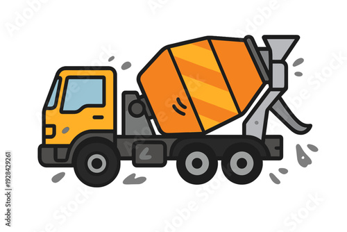 A cartoon illustration of a yellow and orange concrete mixer truck with grey splashes around it. The vehicle features a rotating drum and a detailed cab on a black background.