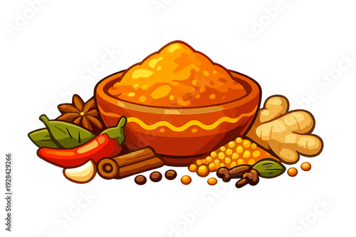 A colorful illustration of a bowl filled with yellow spice powder, surrounded by whole spices like chili, ginger, cinnamon, and star anise on a dark background.