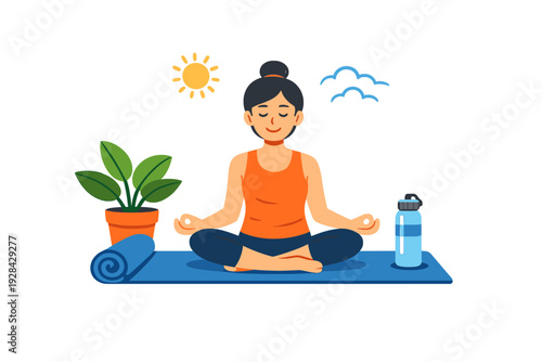 A flat vector illustration of a woman sitting in a lotus pose on a blue yoga mat, practicing meditation outdoors with a sun, clouds, a potted plant, and a water bottle nearby.