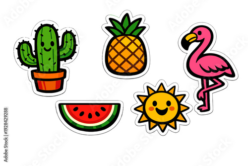 A collection of five colorful summer-themed stickers featuring a smiling cactus, a pineapple, a pink flamingo, a watermelon slice, and a happy sun on a solid black background.