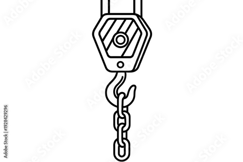 This minimalist graphic features a detailed line drawing of an industrial lifting hook and chain assembly, presented in a clean white outline against a black backdrop.