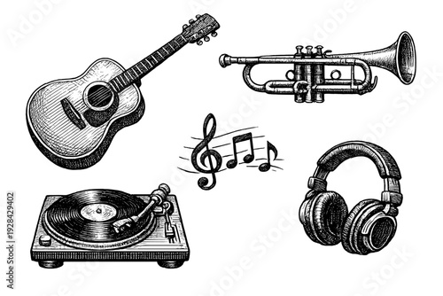 A collection of hand-drawn musical instruments and equipment including a guitar, trumpet, turntable, and headphones, rendered in a detailed woodcut style on a black background.