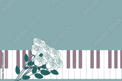 Beautiful white roses on piano keys in elegant teal background with copy space