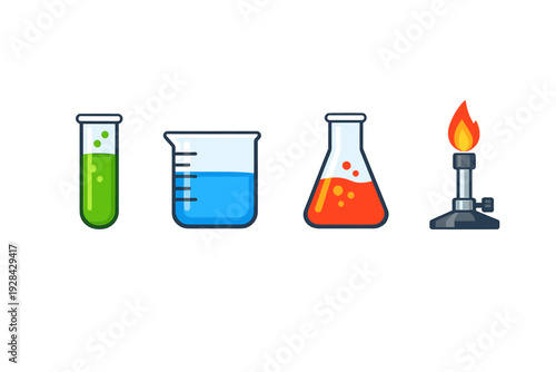 A set of four laboratory equipment icons including a test tube with green liquid, a beaker with blue liquid, an Erlenmeyer flask with orange liquid, and a lit Bunsen burner on a black background.