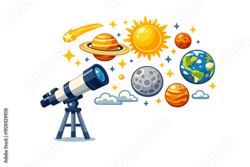 A cartoon illustration of a telescope on a tripod pointed towards a colorful solar system featuring the sun, moon, earth, and various planets against a black background.