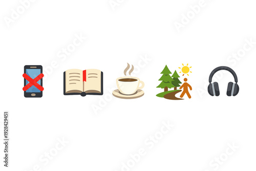 A series of five colorful icons on a black background representing digital detox and relaxation activities like reading, drinking coffee, walking in nature, and listening to music.