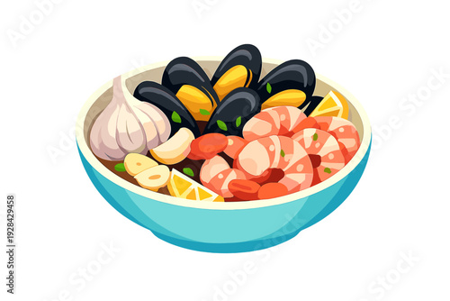 This vector illustration features a light blue bowl packed with cooked shrimp, mussels in their shells, a whole garlic bulb, and lemon wedges on a black background.