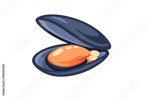 A cartoon illustration of an open mussel shell with orange meat inside, isolated on a black background. The shell is dark blue with highlights, showing a simple seafood graphic.