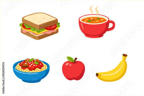 A collection of food illustrations including a sandwich, a bowl of hot soup, a bowl of spaghetti with meatballs, a red apple, and a yellow banana on a black background.