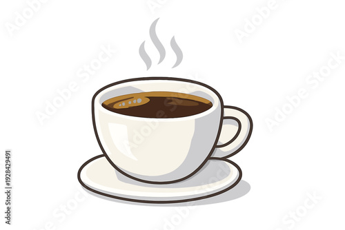 A white ceramic cup filled with hot black coffee sits on a matching saucer against a solid black background. Three wisps of steam rise gracefully from the surface of the dark liquid.
