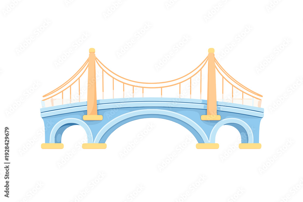 Obraz premium A stylized 3D illustration of a light blue arched bridge with orange suspension towers and yellow accents, isolated on a black background. It features a modern, cartoonish design.