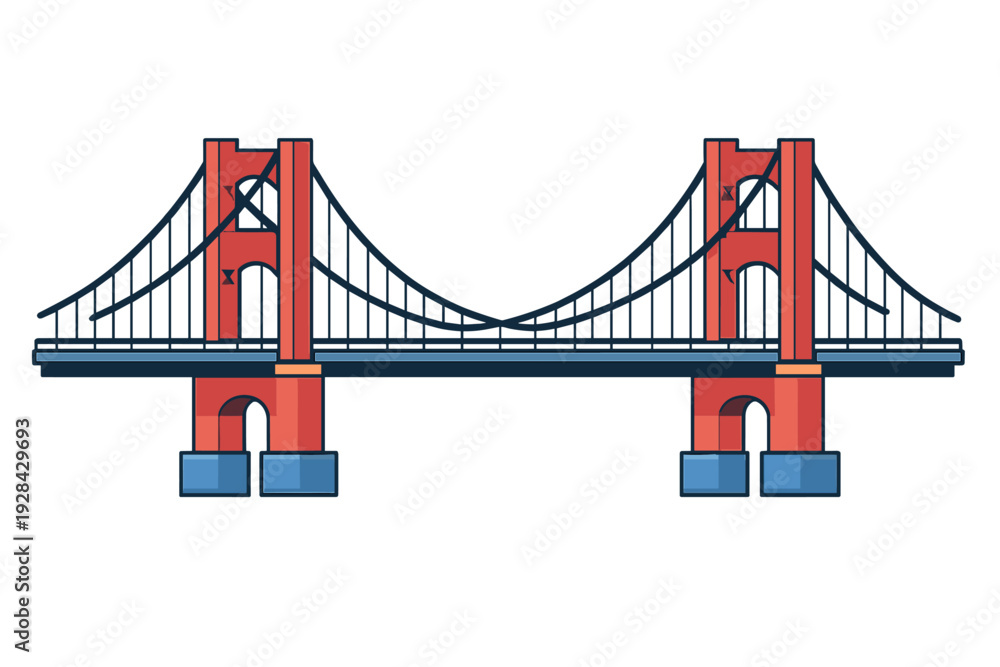 Fototapeta premium A flat vector illustration of a red suspension bridge with dark blue cables and a road deck, set against a dark background. The design features two main towers and symmetrical cables.