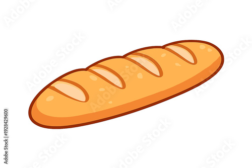 A cartoon illustration of a long, golden-brown baguette with diagonal score marks, isolated on a solid black background. The bread has a simple, stylized appearance with clean outlines.