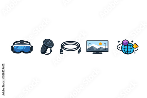 A collection of five stylized icons representing virtual reality technology including a headset, controller, connection cable, monitor, and a digital globe with geometric shapes.
