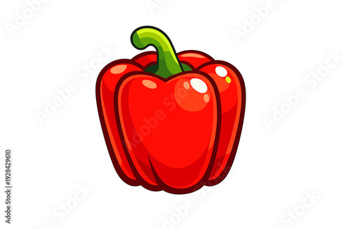 A vibrant red bell pepper illustration with a glossy finish and a green stem, isolated on a solid black background. The cartoon style features bold outlines and bright highlights.