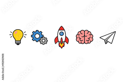 A row of five colorful icons representing business concepts including a light bulb, gears, a rocket ship, a brain, and a paper plane, all set against a solid black background.