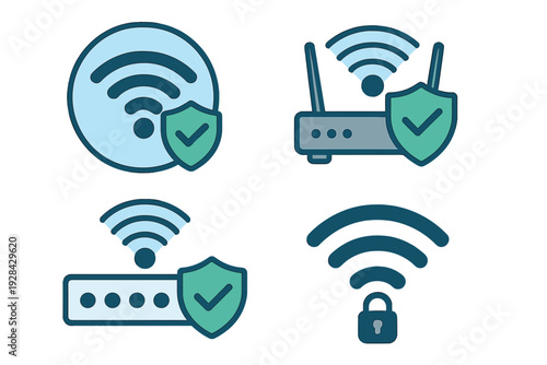 A collection of four flat vector icons representing secure wireless internet connections, featuring Wi-Fi symbols, routers, and protective shields with checkmarks on a black background.