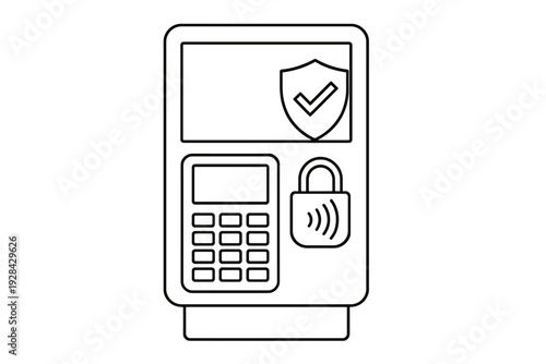 This minimalist line drawing depicts a digital payment terminal with a keypad and security icons, including a shield with a checkmark and a contactless padlock symbol.